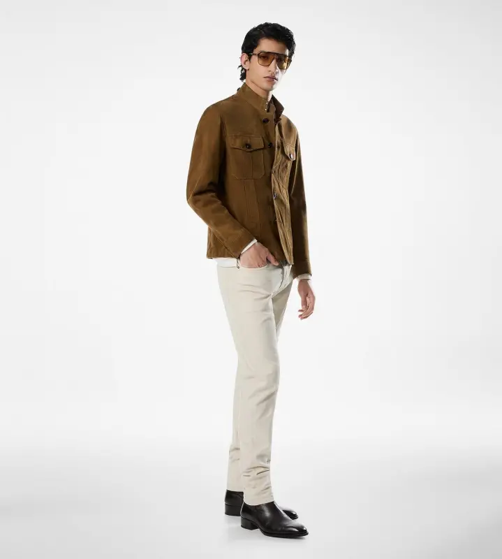 LIGHT SUEDE STAND COLLAR OUTERSHIRT AMBER TAN online